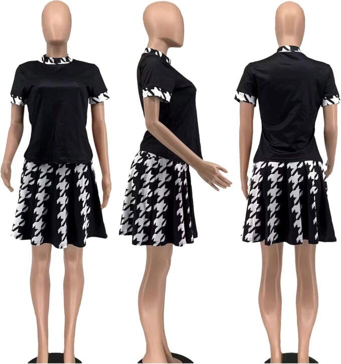 SOMTHRON Women's Houndstooth Print 2 Piece Outfit Sexy Short Sleeve T-Shirt and Pleated Mini Skirt Set Suit – Bild 5