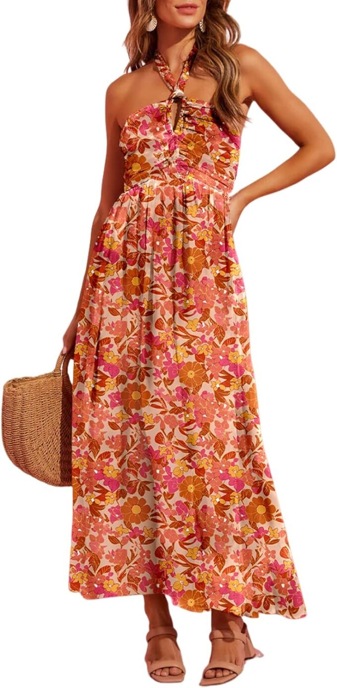 Dokotoo Women's Summer Dresses Halter Neck Sleeveless Backless Flowy A Line Boho Maxi Dress