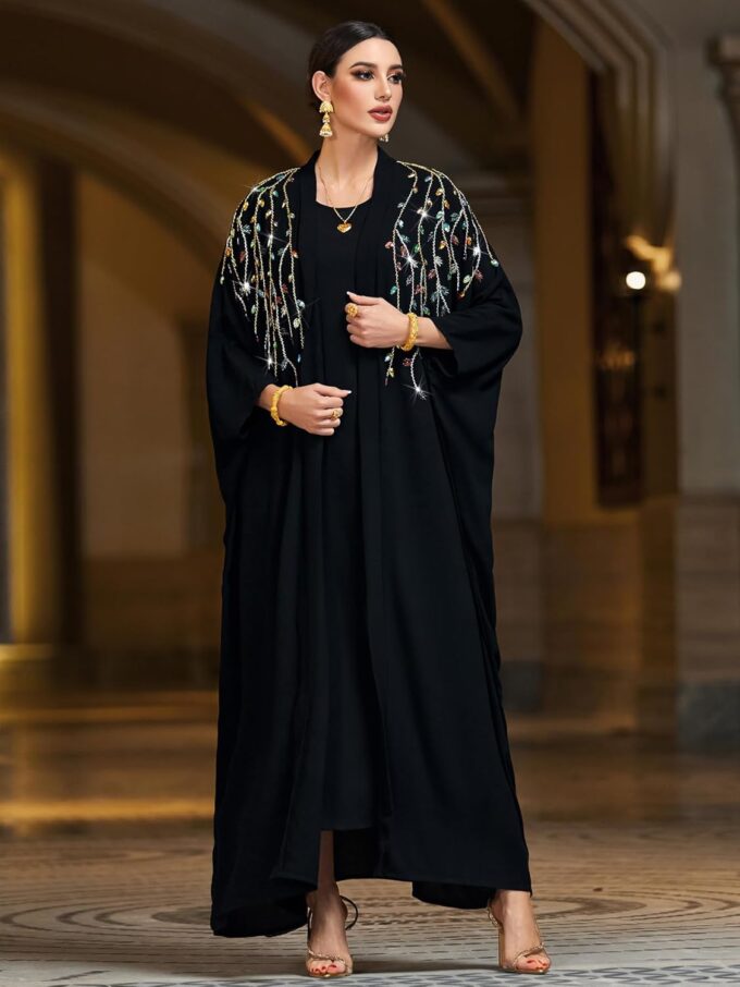 Handmade Beaded Black Kaftan Abaya Dress, Bat Sleeve, NO INNER, Loose Fit Robe for Party, Evening Gathering – Bild 3