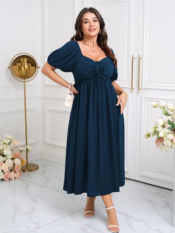 SCOMCHIC Plus Size Sweetheart Neckline Maxi Dress Formal Wedding Guest Short Puff Sleeve Cocktail Smocked A-Line Dresses – Bild 2