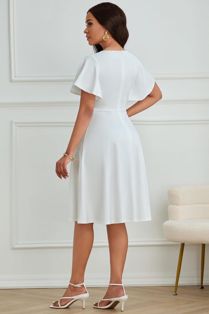 FANDEE Women's Casual Midi Dress Wedding Guest Dresses for Chuch Cocktail Ruffle Short Sleeve A-Line V Neck with Belt White – Bild 5