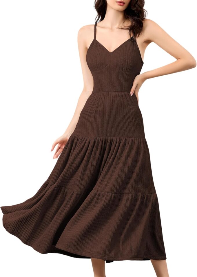 Women's Spaghetti Strap V Neck Dress Tiered Pleated Casual Beach Sundress
