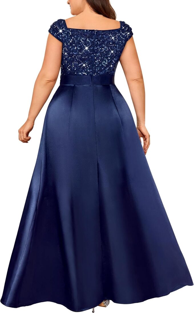 MISSMAY Women's Plus Size Sequin Lace Off Shoulder Satin Slit Formal Evening Party Maxi Dress – Bild 2