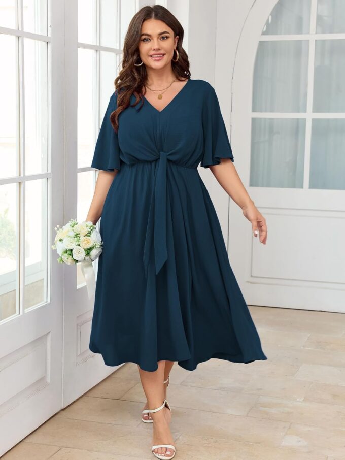 SCOMCHIC Women Plus Size Midi Dresses Wedding Guest Short Sleeve V Neck Tie Waist Casual Summer Flowy A Line Dress – Bild 3