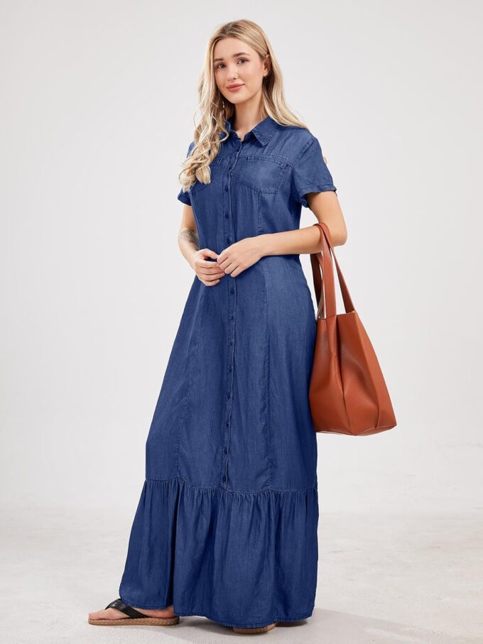 utcoco Womens Short Sleeve Denim Maxi Dress Casual Loose Fit Button Down Long Jean Dresses – Bild 3