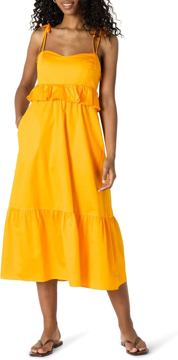 Amazon Essentials Women's Fit and Flare Cotton Sateen Empire Waist Midi Ruffle Dress