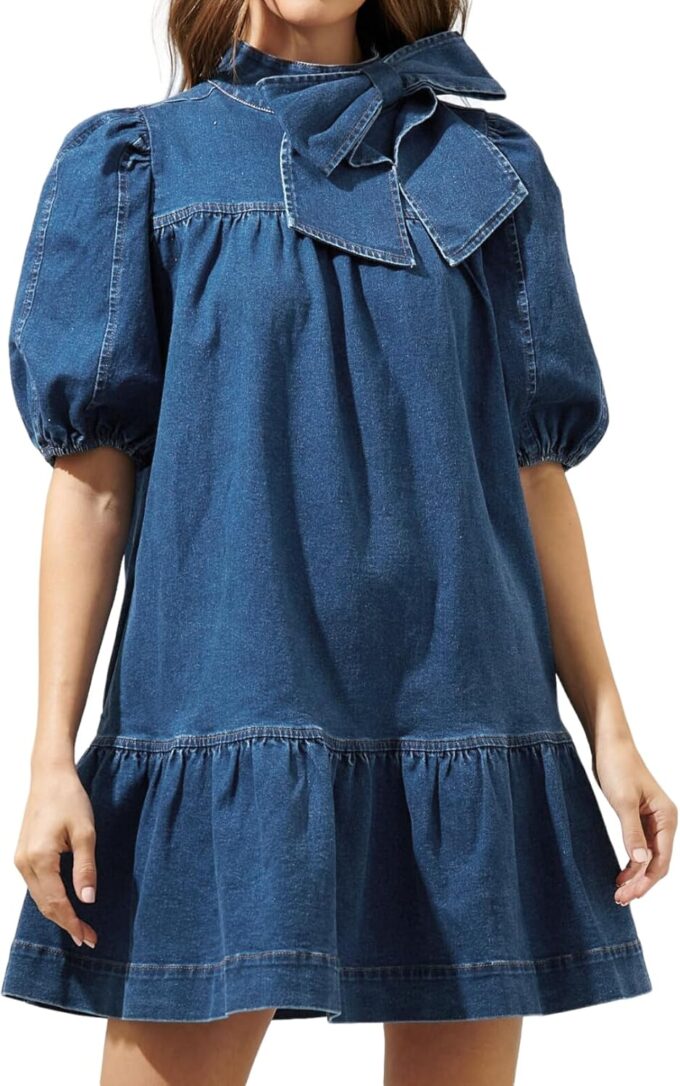 Women Summer Puff Short Sleeve Denim Dress Mock Neck Babydoll Jean Dress with Bow