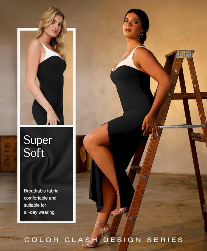 Popilush Summer Maxi Dress for Women - Shapewear Formal Cocktail Party Long Dresses Contrast Trim V Neck Bodycon Dress – Bild 5