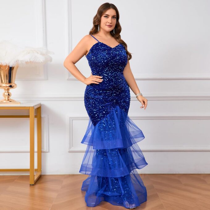 Women Sexy Sleeveless Sequin Mesh Patchwork Maxi Dress Red Plus Size Sling Cocktail Party Formal Gowns – Bild 6