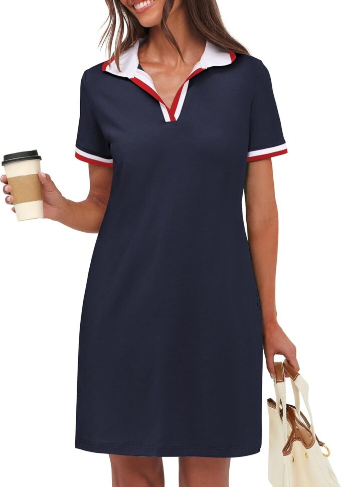 ANRABESS Women’s Polo Dresses Short Sleeve V Neck 2025 Casual Summer Tennis Golf Mini Shirt Dress with Pockets