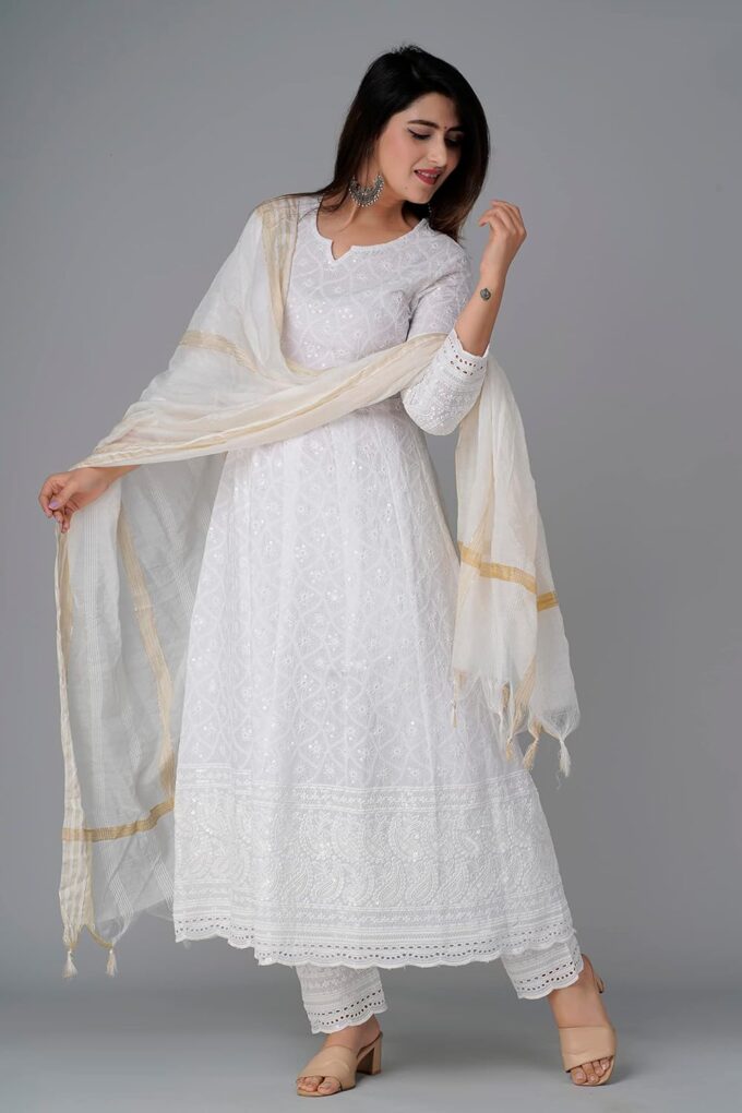 JG JAI GOVINDAM Chikankari Cotton Anarkali Indian Kurti For Women Summer Dress Kurta Pant With Dupatta Set Pakistani Kurta – Bild 6