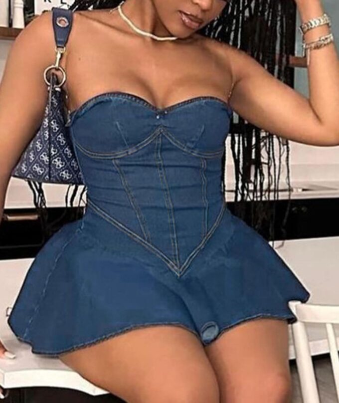 xxxiticat Women's Denim Tube Dress Sleeveless Pleated Skirt Hem Strapless A-Line Flared Off Shoulder Mini Jeans Dresses – Bild 5