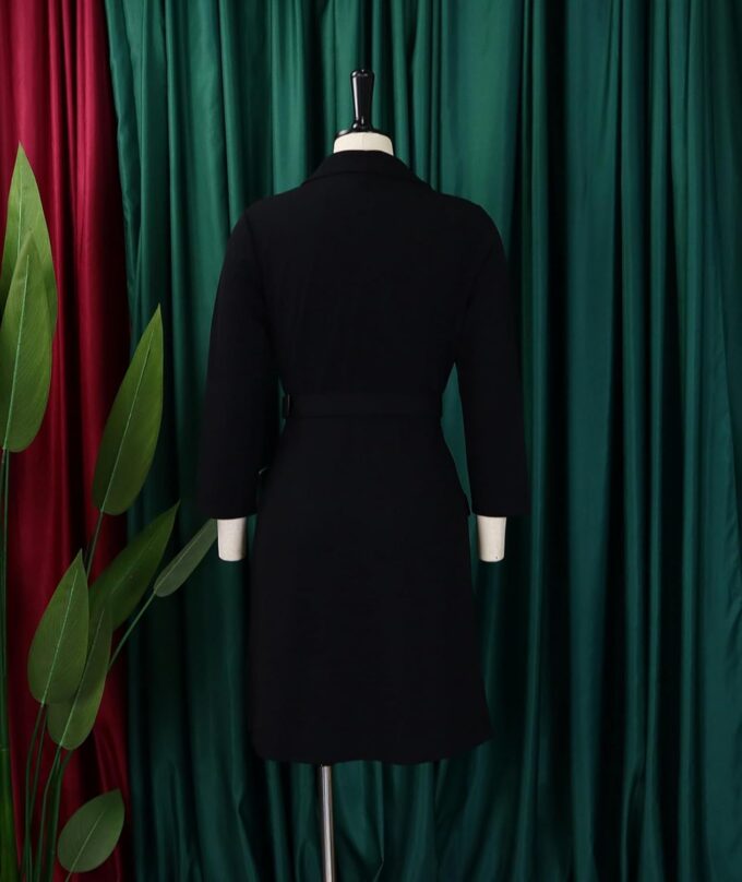 SOMTHRON Damen Revers Zweireihiges Blazerkleid V-Ausschnitt 3/4 Ärmel Plissee Business Midikleid mit Gürtel – Bild 5