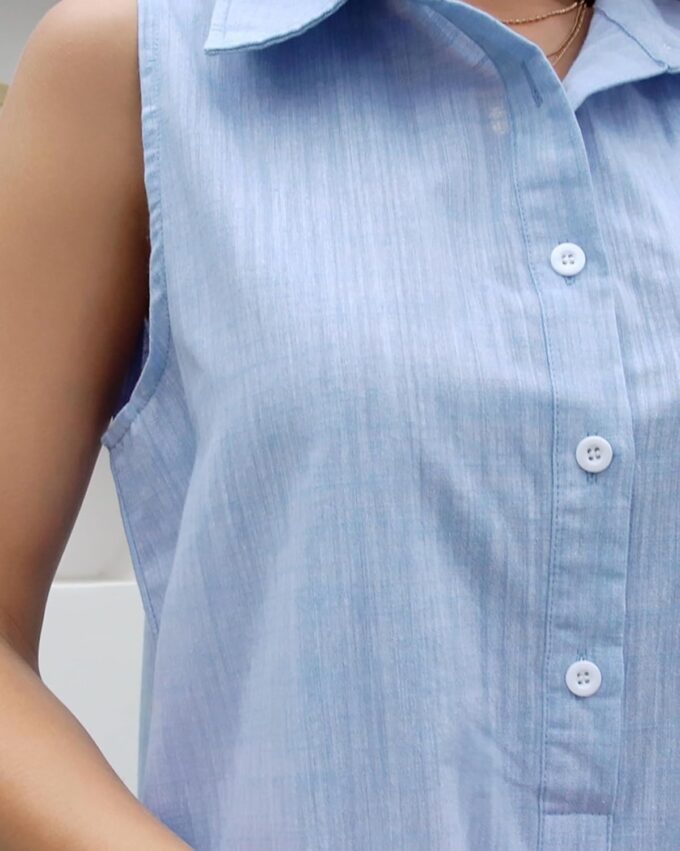 Women‘s Sleeveless Shirt Dress Ruffle Hem Cotton Tunic Tank Dress Button Up Swing Shift Mini Dresses – Bild 8