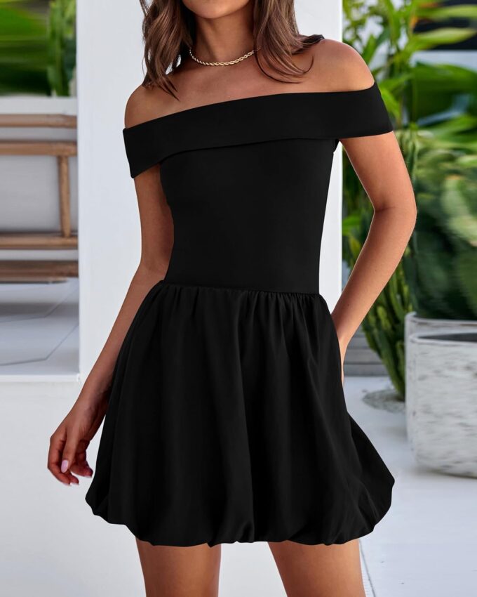 PRETTYGARDEN Women Summer Sexy Off Shoulder Bubble Dress 2025 Knit and Woven Cocktail Party Mini Dresses with Pockets – Bild 4