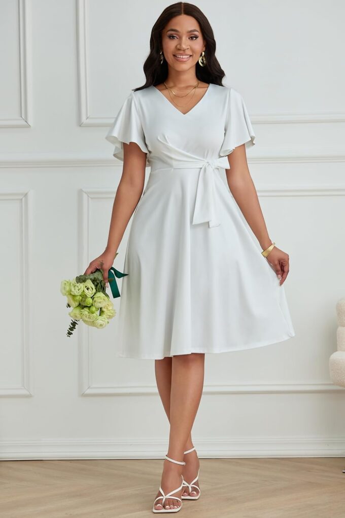 FANDEE Women's Casual Midi Dress Wedding Guest Dresses for Chuch Cocktail Ruffle Short Sleeve A-Line V Neck with Belt White – Bild 4