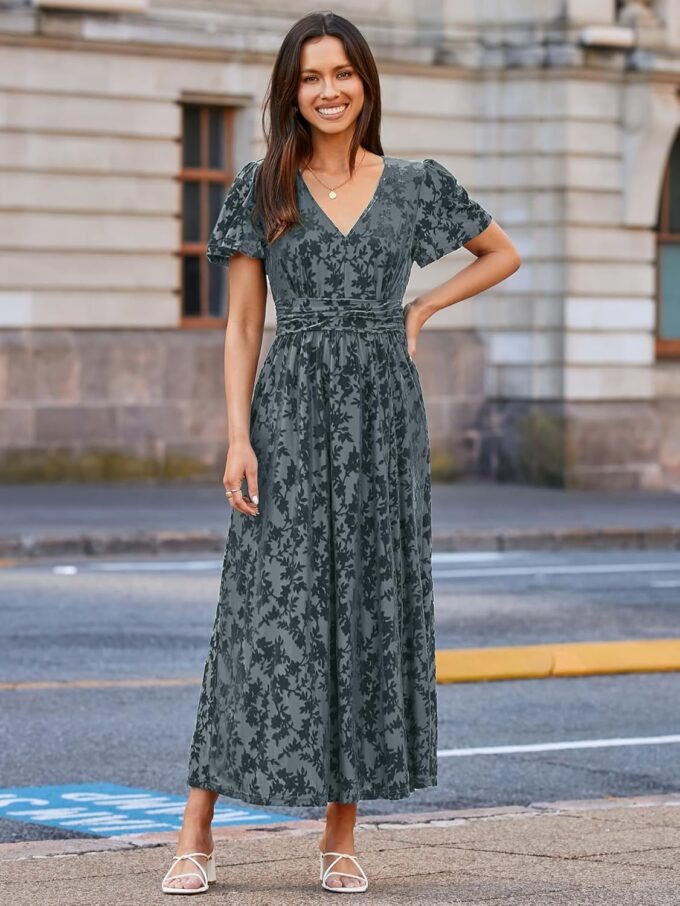 Simplee Women's Velvet Maxi Dress V Neck Short Sleeve Empire Waist Semi Formal Long Cocktail Dresses – Bild 2