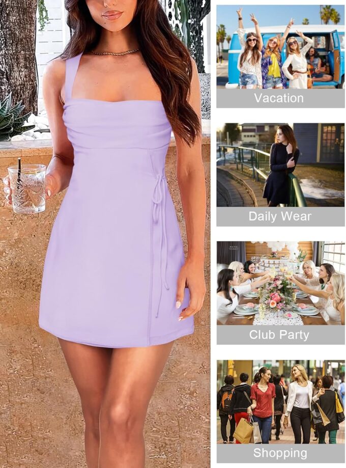 Women's Sexy Square Neck Dress Sleeveless Elegant Ruched Mesh Short Dress Party Club Mini Dresses for Women – Bild 5