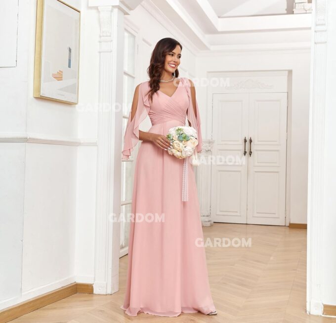 GARDOM Ruffle Sleeve Chiffon Bridesmaid Dresses for Women Cold Shoulder Formal Dress for Wedding 2025 V Neck Evening Gowns – Bild 8