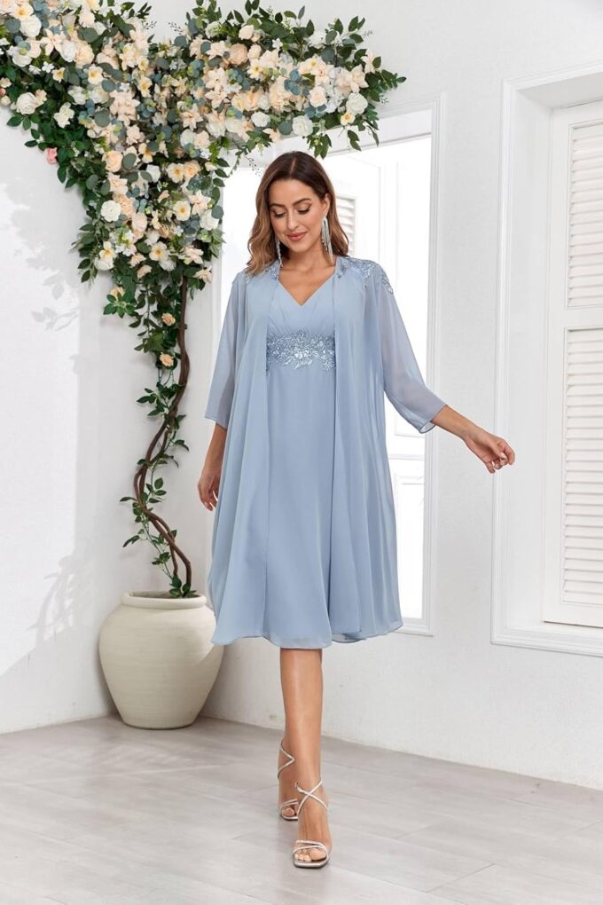BONOYUER 2 Piece Mother of The Bride Dresses for Wedding with Jacket Lace Applique Formal Wedding Guest Dress – Bild 7