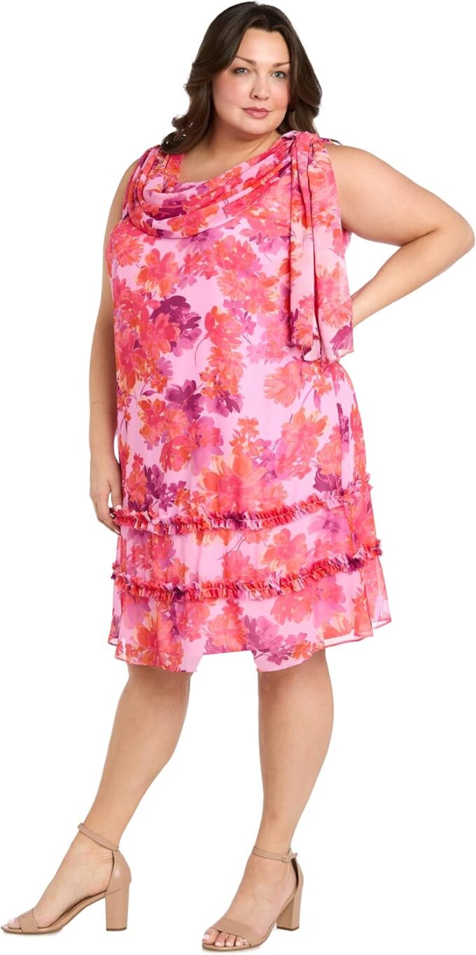 R&M Richards Floral Print Dress W/Ruffle Trim Detail Mock Cowl Neckline & Side Tie – Bild 5