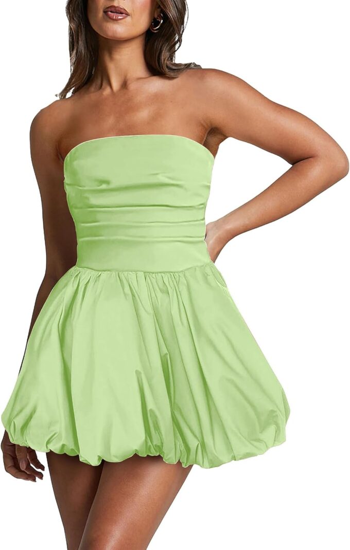 Women's Strapless Tube Top Bubble Mini Dress Ruched Bow Back Dresses Party Cocktail – Bild 5