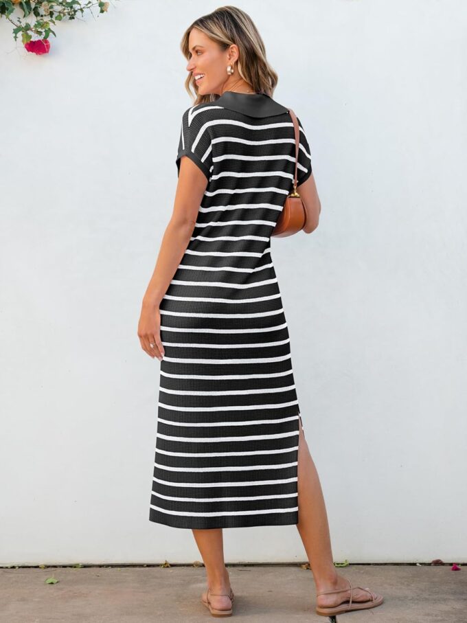ANRABESS Women's Summer Striped Midi Dress 2025 Casual Short Sleeve V Neck Loose Knitted Side Slit Long Beach Dresses – Bild 5