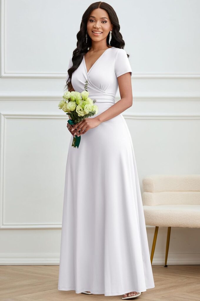 CLOCOR Maxi Dress for Women Summer Long Dress A Line Formal V Neck Wedding Guest Short Sleeve High Waist Casual Elegant – Bild 3