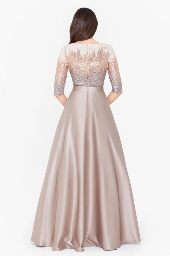 Betsy & Adam Women's Sequin Embellished Satin Ball Gown with 3/4 Sleeves and Center Back Zipper – Bild 3