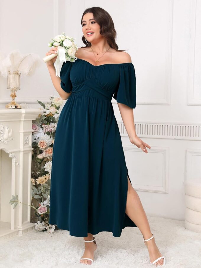 Plus Size Dress Wedding Guest Semi Formal Ruffle Short Sleeve Sweetheart Neckline Slit A Line Flowy Maxi Dresses – Bild 3