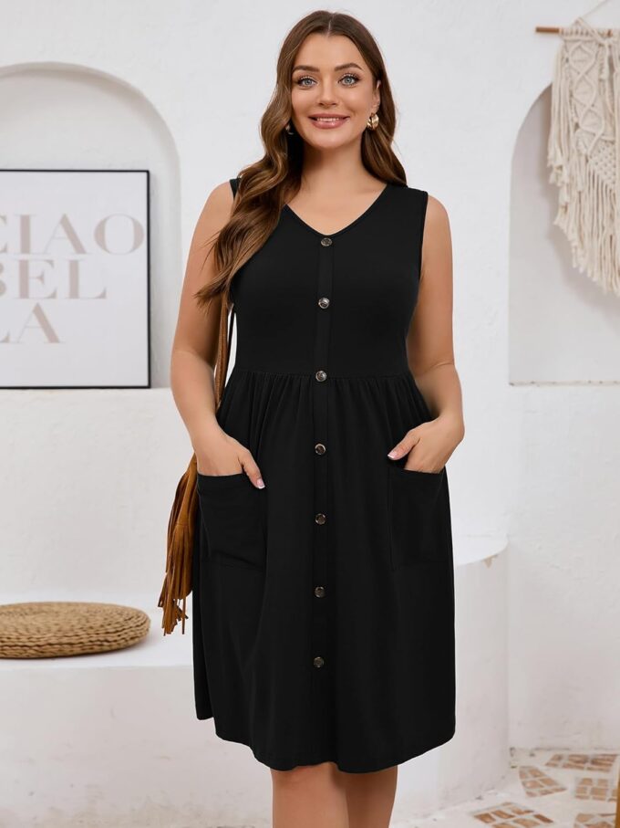 AusLook Plus Size Women Summer Dresses Sleeveless Casual Loose Swing Button Down Midi Dress with Pockets 1X-5X – Bild 3