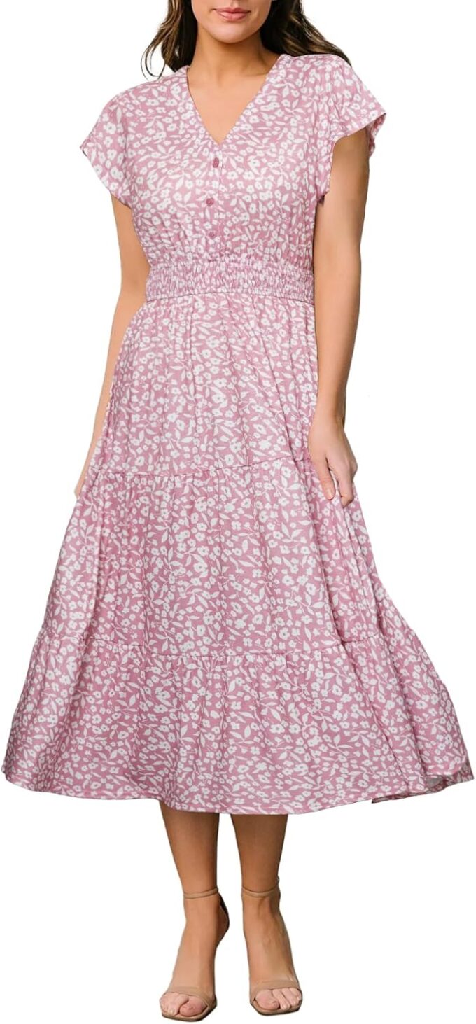 BerryGo Women's Floral Boho Ruffle Summer Midi Dress Short Sleeve V Neck Empire Waist Swing Flowy Dress – Bild 7