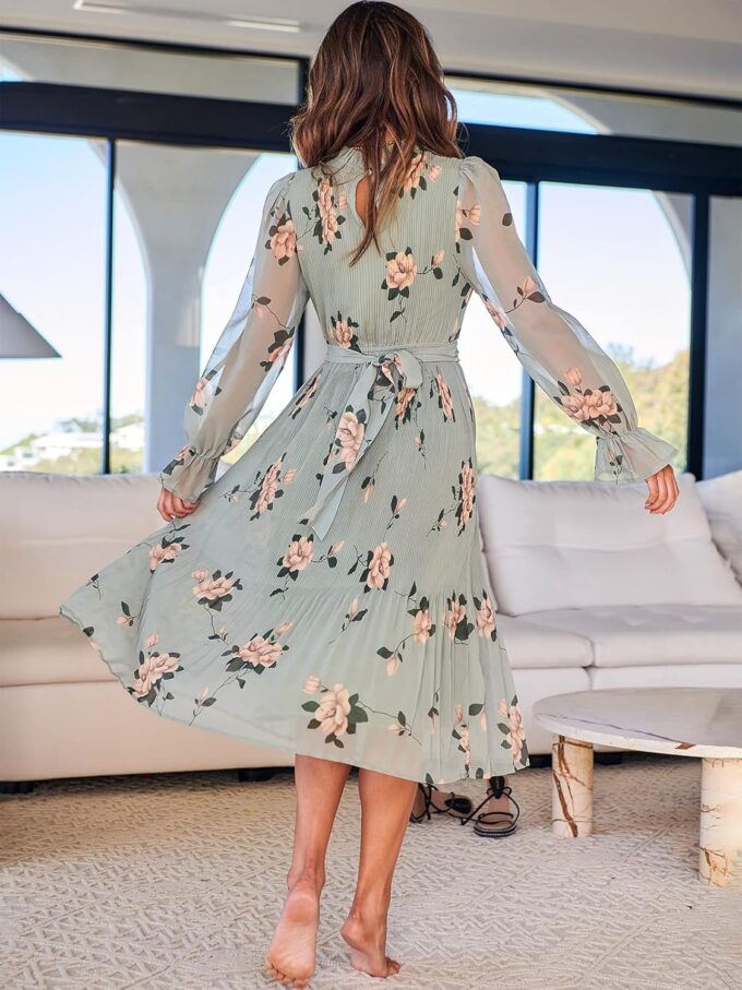 ANRABESS Women's Floral Midi Dress Puff Long Sleeve Casual Ruffle Chiffon A-Line Swing Pleated Belted Tea Party Dresses – Bild 4