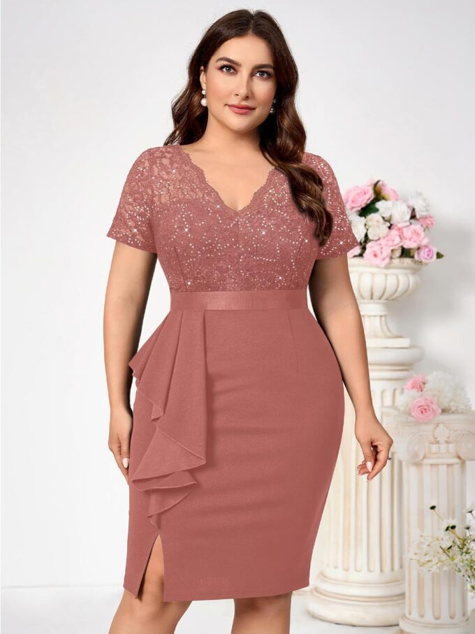 Miusol Women's Plus Size V Neck Sequin Floral Lace Contrast Ruffle Trim Slit Cocktail Dress – Bild 3