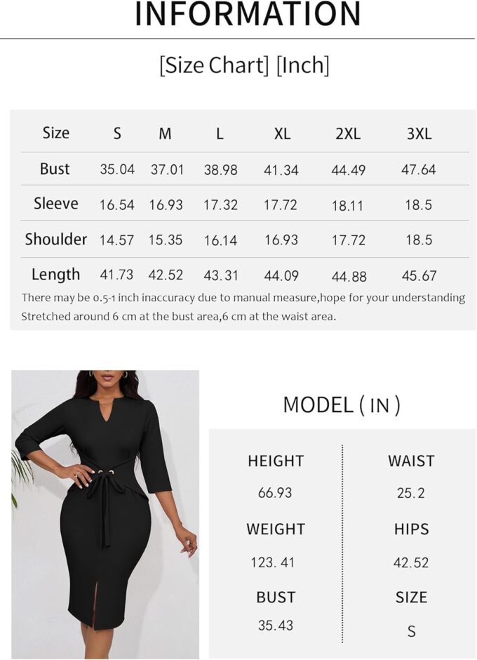 FANDEE Damen Vintage Kleider 3/4 Ärmel V-Ausschnitt Bodycon Bleistift Midi Arbeit Kirche Kleid mit Gürtel – Bild 6