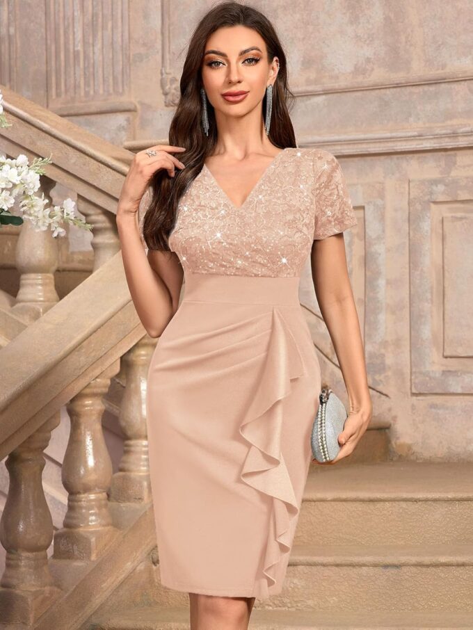 Miusol Women's Deep V-Neck Glitter Sequin Lace Elegant Ruffle Style Cocktail Party Dress – Bild 3