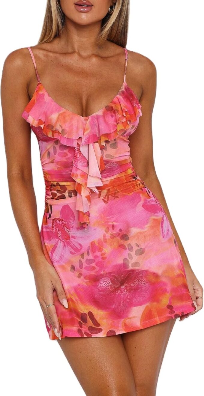 Women Y2K Floral Mini Dress Boho Spaghetti Sleeveless Bodycon Cami Dress Sexy Going Out Short Dresses Beachwear