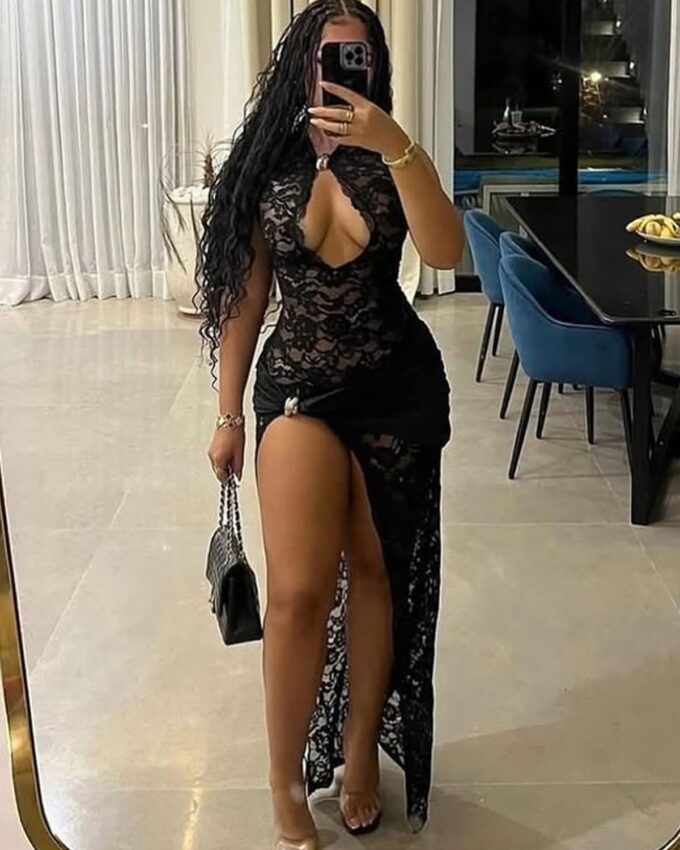 Black Lace Sheer Maxi Dress Sexy Outfit for Women Hollow Out High Slit Skirt Bodycon Clubwear Elegant Party Wear – Bild 6