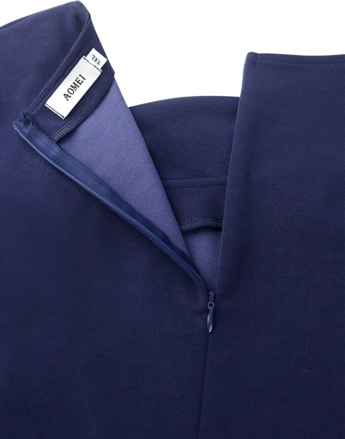 AOMEI Damen-Kleid, marineblau, unregelmäßiger Ausschnitt, kurze Ärmel, Schnalle, A-Linie, lässiges Arbeitskleid – Bild 7