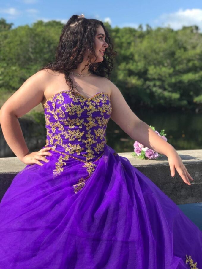 QXMYOO Ball Gown Sweet 16 Dress Quinceanera Formal Long Prom Dresses with Gold Applique – Bild 7