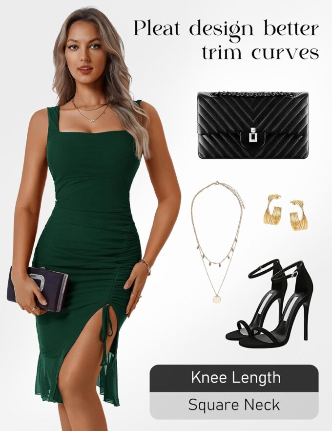 HomRain Women's Sexy Ruched Bodycon Midi Dresses Square Neck Sleeveless Ruffle Hem Cocktail Party Dresses – Bild 5
