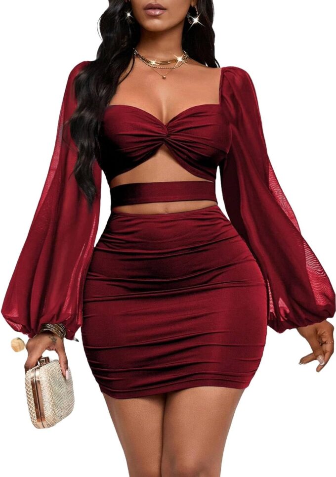 GothDark Womens Sexy Mesh Bodycon Cut Out Puff Sleeve Ruched Party Club Homecoming Mini Dress