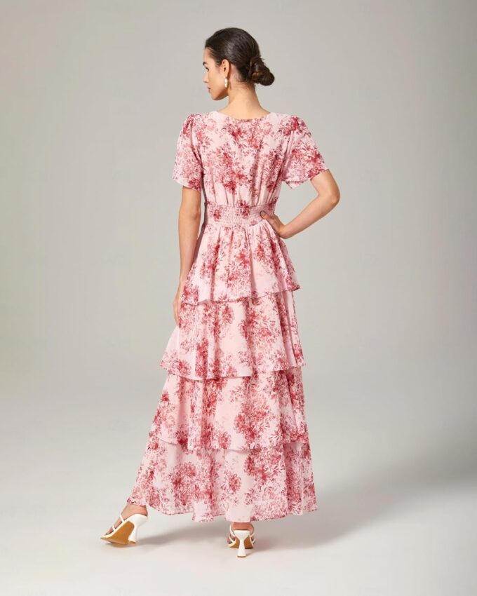 ADOR Women's Floral Summer Empire Waist V Neck Casual Long Flowy Chiffon Maxi Dress Ruffle Tiered Short Sleeve A-line Dreses – Bild 3
