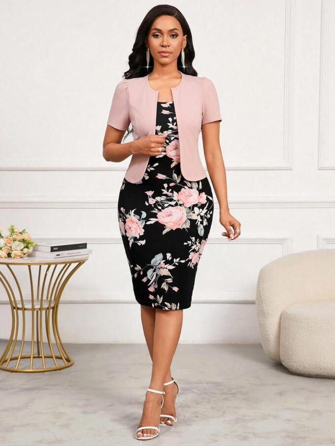 Womens Summer Sexy Two Piece Suit Set Dress Crew Neck Short Sleeves Print Pencil Bodycon Work Office Fashion Outfits – Bild 4