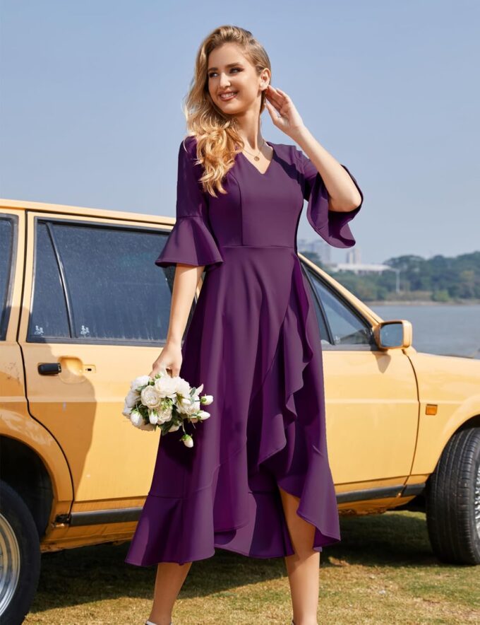 HomRain Women's Wedding Guest Dress Elegant Formal Cocktail Bell Sleeve Dress for Prom Homecoming Tea Party – Bild 3