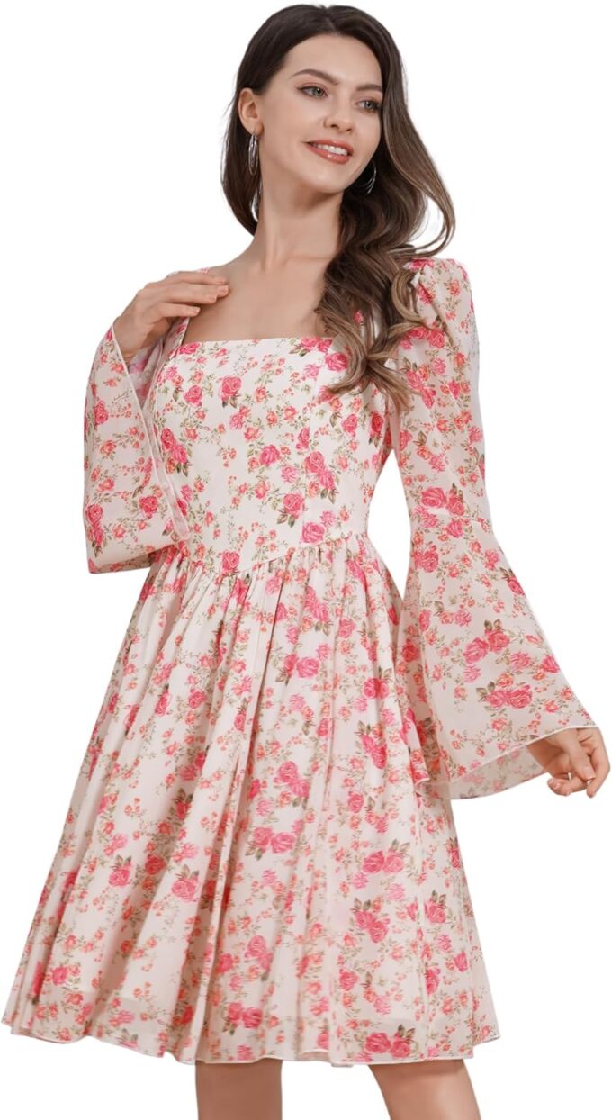 Fall Wedding Guest Dresses for Women Floral Chiffon Dresses Long Bell Sleeve Square Neck Short Ruffle Dress