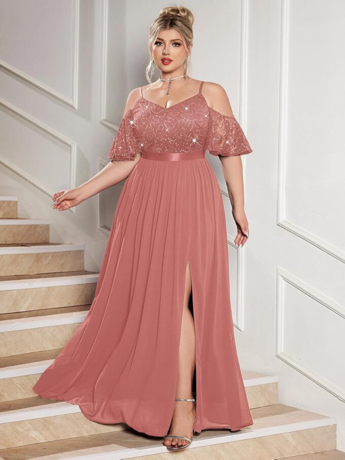 MISSMAY Women's Plus Size Sequins Lace Off Shoulder Short Sleeves Slit Formal Wedding Guest Chiffon Long Dress – Bild 3