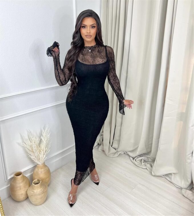 Women's Elegant Bodycon Midi Dress Lace Party Cocktail Wedding Guest Dress – Bild 5