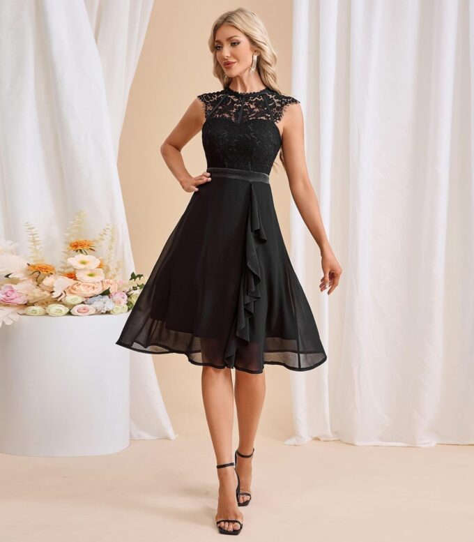 Cololura Women Elegant Sexy Sleeveless Lace Floral Patchwork Ruffle Hem Formal Party A-Line Cocktail Midi Dress – Bild 2