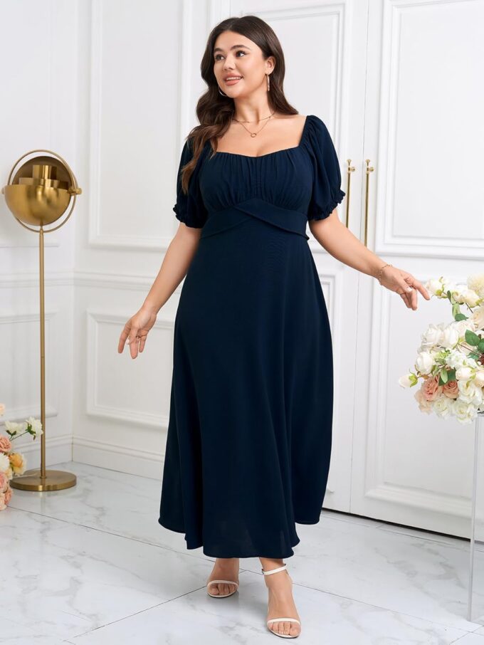 SCOMCHIC Women's Plus Size Wedding Guest Dress Semi Formal Short Sleeve Square Neck A-line Long Cocktail Maxi Dresses – Bild 5